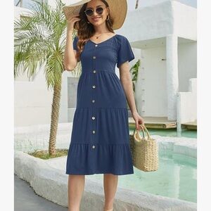 Women Blue Boho Faux Button Short Flutter Sleeve Midi T- Shirt Dress XL Pocket